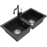 Mexen Mario granite sink 2-chamber with Carla kitchen tap, black/silver metallic - 6504-73-670700-70
