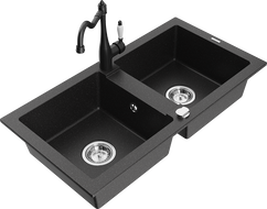 Mexen Mario granite sink 2-chamber with Carla kitchen tap, black/silver metallic - 6504-73-670700-70