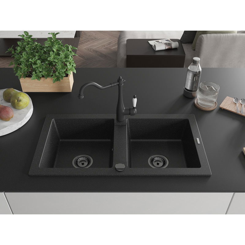 Mexen Mario granite kitchen sink with 2 bowls and Carla kitchen tap, black/silver metallic - 6504-73-670700-70-B