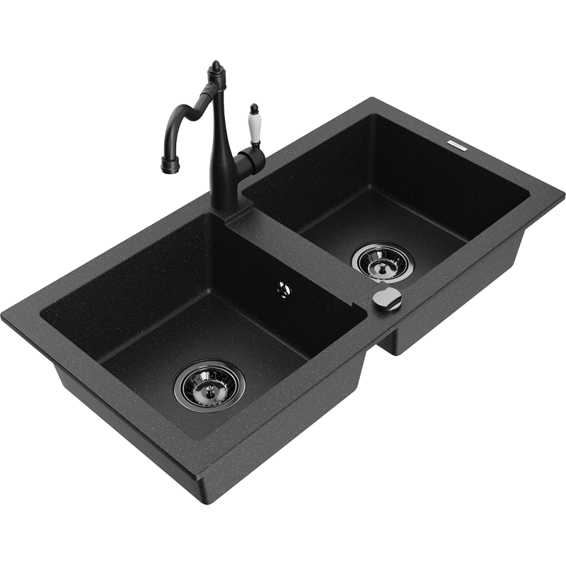 Mexen Mario granite double-bowl kitchen sink with Carla faucet, black/silver metallic - 6504-73-670700-70-B