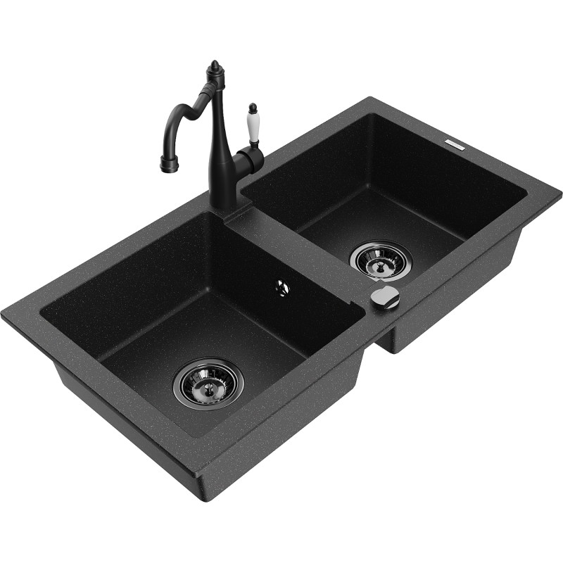Mexen Mario granite double-bowl sink with Carla kitchen faucet, black/silver metallic - 6504-73-670700-70-B