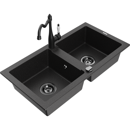 Mexen Mario granite double-bowl kitchen sink with Carla faucet, black/silver metallic - 6504-73-670700-70-B