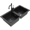 Mexen Mario granite double-bowl kitchen sink with Carla faucet, black/silver metallic - 6504-73-670700-70-B