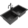 Mexen Mario granite double-bowl sink with Carla kitchen faucet, black/silver metallic - 6504-73-670700-70-B