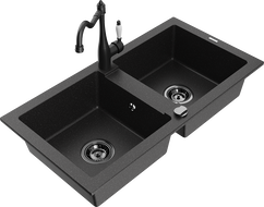 Mexen Mario granite double-bowl sink with Carla kitchen faucet, black/silver metallic - 6504-73-670700-70-B