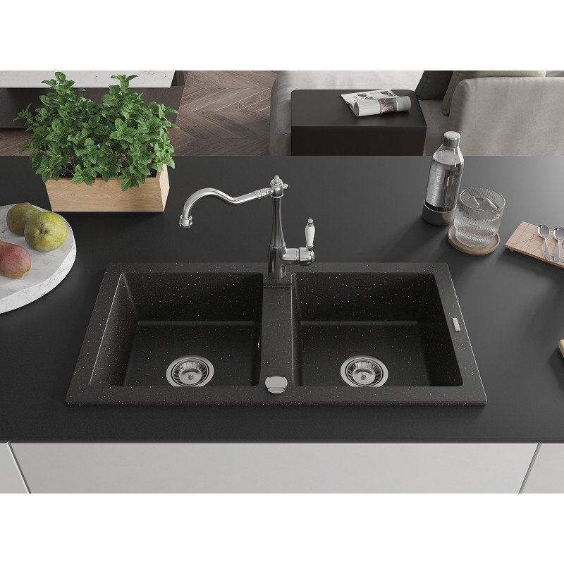 Mexen Mario 2-bowl granite sink with kitchen faucet Carla, black/gold metallic - 6504-75-670700-00
