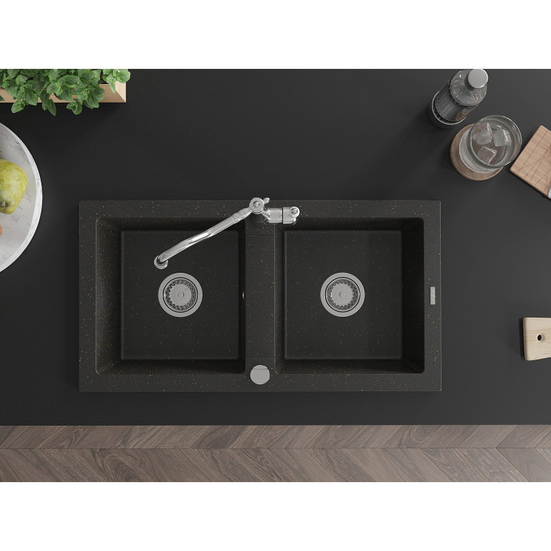 Mexen Mario 2-Bowl Granite Sink with Carla Kitchen Faucet, Black/Gold Metallic - 6504-75-670700-00