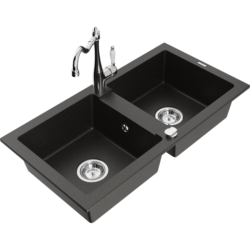 Mexen Mario 2-Bowl Granite Sink with Carla Kitchen Faucet, Black/Gold Metallic - 6504-75-670700-00
