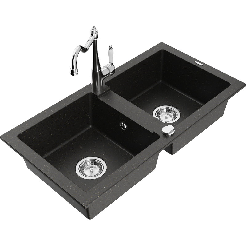 Mexen Mario 2-bowl granite sink with kitchen faucet Carla, black/gold metallic - 6504-75-670700-00