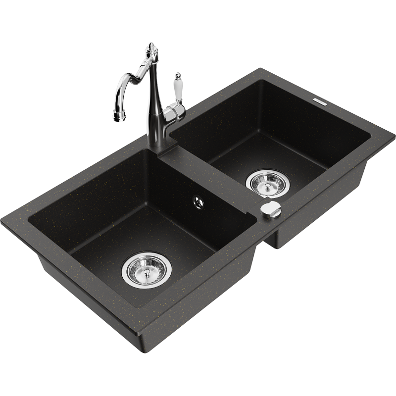 Mexen Mario 2-compartment granite sink with a kitchen mixer tap Carla, Black/Gold metallic - 6504-75-670700-00