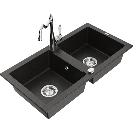Mexen Mario 2-bowl granite kitchen sink with Carla kitchen tap, black/gold metallic - 6504-75-670700-00