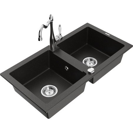 Mexen Mario 2-Bowl Granite Sink with Carla Kitchen Faucet, Black/Gold Metallic - 6504-75-670700-00