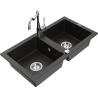Mexen Mario 2-bowl granite sink with kitchen faucet Carla, black/gold metallic - 6504-75-670700-00