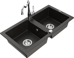 Mexen Mario 2-bowl granite sink with kitchen faucet Carla, black/gold metallic - 6504-75-670700-00
