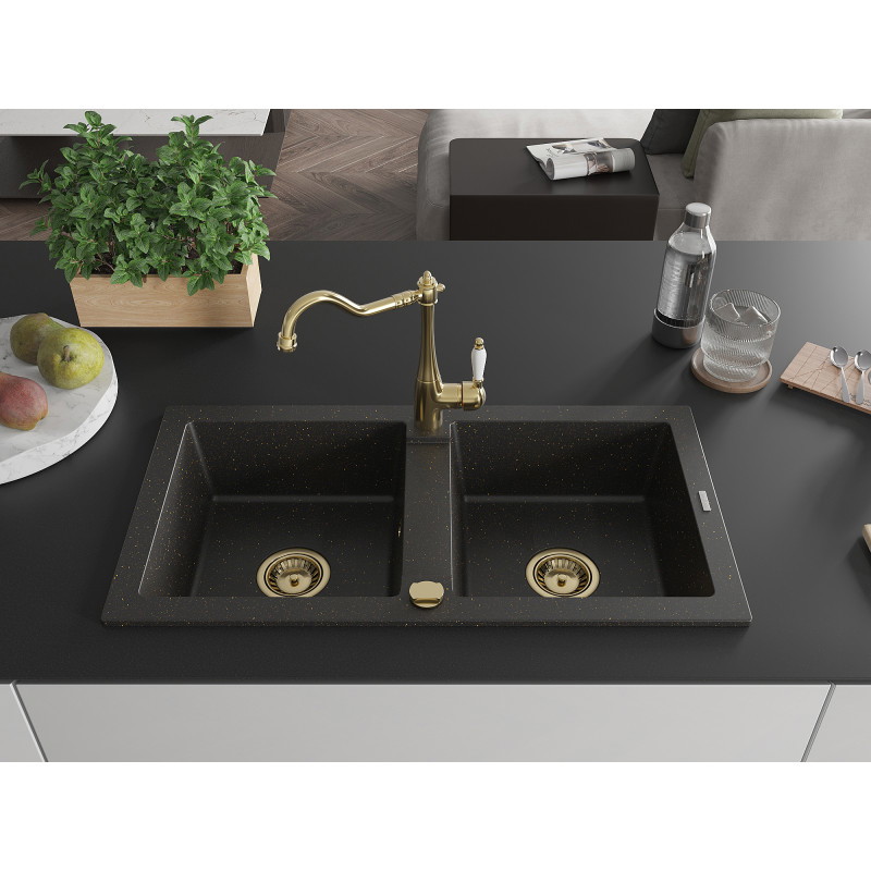 Mexen Mario granite double-bowl sink with Carla kitchen faucet, black/gold metallic - 6504-75-670700-50