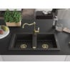 Mexen Mario granite sink 2-bowl with Carla kitchen tap, black/gold metallic - 6504-75-670700-50