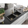 Mexen Mario granite sink 2-bowl with Carla kitchen tap, black/gold metallic - 6504-75-670700-50
