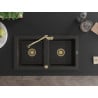 Mexen Mario granite sink 2-bowl with Carla kitchen tap, black/gold metallic - 6504-75-670700-50