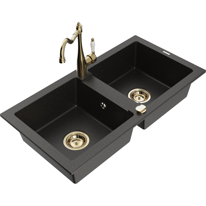 Mexen Mario 2-compartment granite sink with a kitchen mixer tap Carla, Black/Gold metallic - 6504-75-670700-50