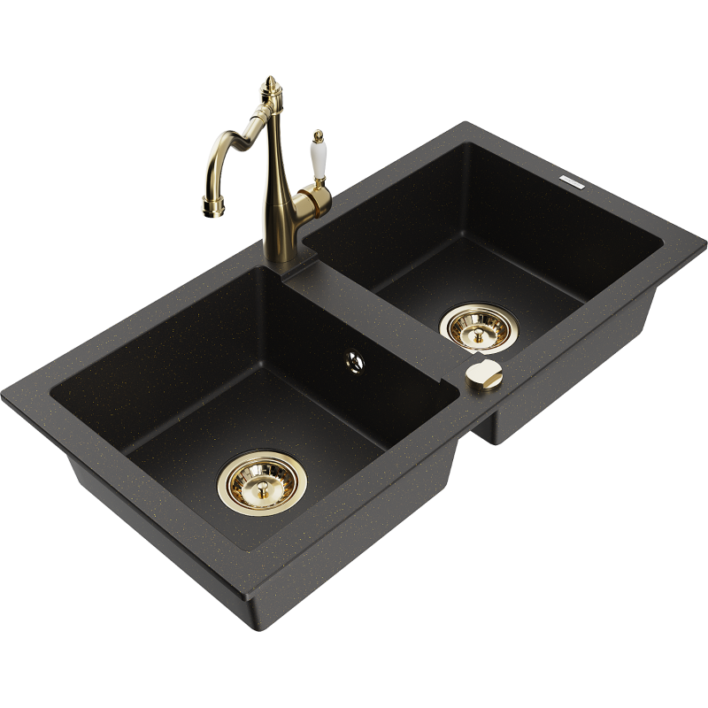 Mexen Mario granite double-bowl sink with Carla kitchen faucet, black/gold metallic - 6504-75-670700-50