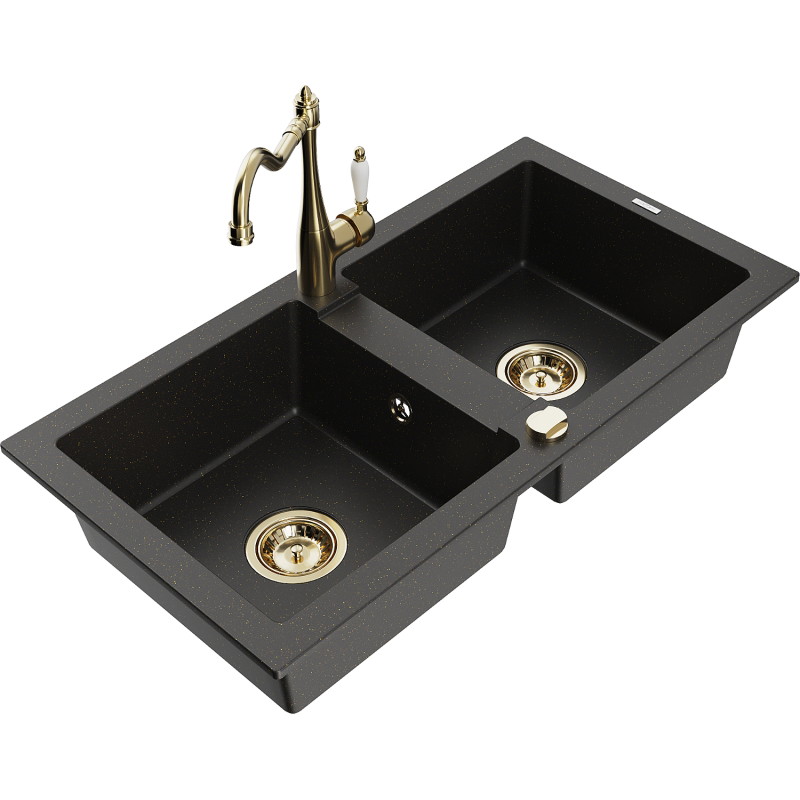 Mexen Mario granite double-bowl sink with kitchen faucet Carla, black/golden metallic - 6504-75-670700-50