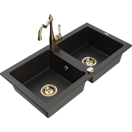 Mexen Mario granite sink 2-bowl with Carla kitchen tap, black/gold metallic - 6504-75-670700-50
