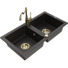 Mexen Mario granite double-bowl sink with Carla kitchen faucet, black/gold metallic - 6504-75-670700-50
