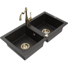 Mexen Mario granite sink 2-bowl with Carla kitchen tap, black/gold metallic - 6504-75-670700-50