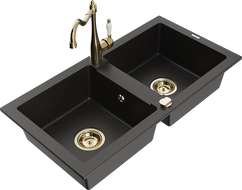 Mexen Mario granite sink 2-bowl with Carla kitchen tap, black/gold metallic - 6504-75-670700-50