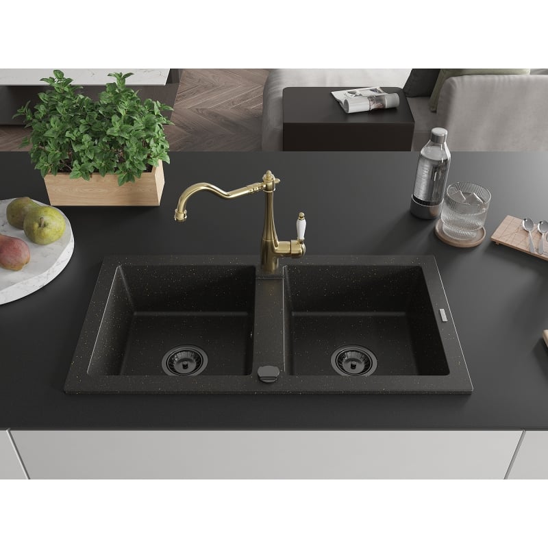 Mexen Mario granite double-bowl sink with Carla kitchen faucet, black/gold metallic - 6504-75-670700-50-B