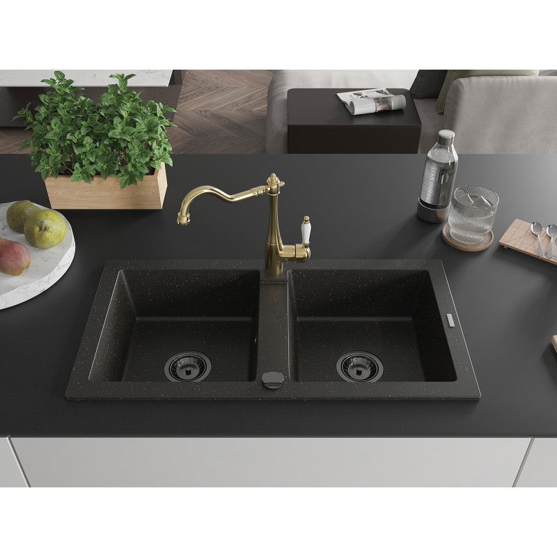 Mexen Mario granite sink 2-bowl with Carla kitchen tap, black/golden metallic - 6504-75-670700-50-B
