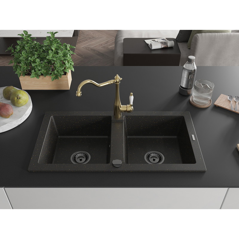 Mexen Mario granite sink 2-chamber with Carla kitchen faucet, black/golden metallic - 6504-75-670700-50-B