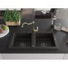 Mexen Mario granite double-bowl sink with Carla kitchen faucet, black/gold metallic - 6504-75-670700-50-B