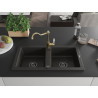 Mexen Mario granite sink 2-chamber with Carla kitchen faucet, black/golden metallic - 6504-75-670700-50-B