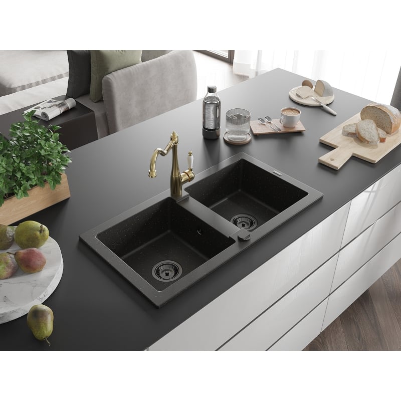 Mexen Mario granite double-bowl sink with Carla kitchen faucet, black/gold metallic - 6504-75-670700-50-B