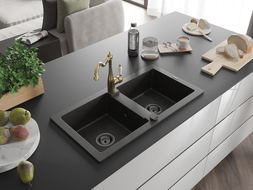 Mexen Mario 2-compartment granite sink with a kitchen mixer tap Carla, Black/Gold metallic - 6504-75-670700-50-B