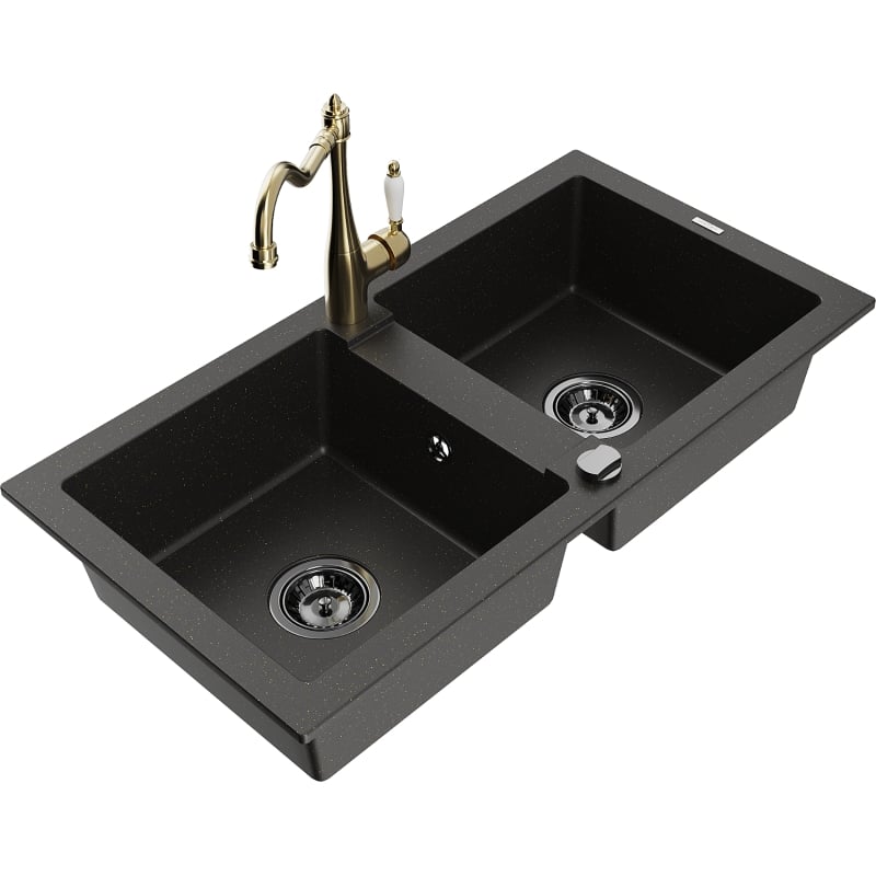 Mexen Mario granite double-bowl sink with Carla kitchen faucet, black/gold metallic - 6504-75-670700-50-B