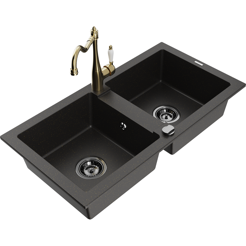 Mexen Mario granite sink 2-chamber with Carla kitchen faucet, black/golden metallic - 6504-75-670700-50-B