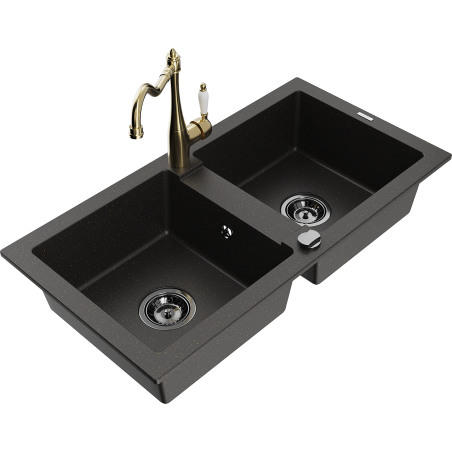 Mexen Mario granite double-bowl sink with Carla kitchen faucet, black/gold metallic - 6504-75-670700-50-B