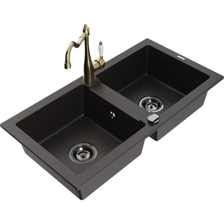 Mexen Mario granite sink 2-chamber with Carla kitchen faucet, black/golden metallic - 6504-75-670700-50-B