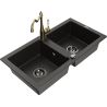 Mexen Mario granite double-bowl sink with Carla kitchen faucet, black/gold metallic - 6504-75-670700-50-B