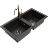 Mexen Mario granite sink 2-chamber with Carla kitchen faucet, black/golden metallic - 6504-75-670700-50-B