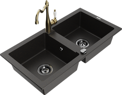 Mexen Mario granite double-bowl sink with Carla kitchen faucet, black/gold metallic - 6504-75-670700-50-B