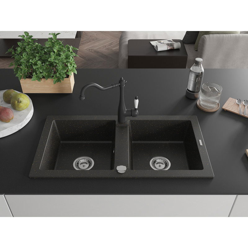 Mexen Mario 2-bowl granite sink with Carla kitchen tap, black/gold metallic - 6504-75-670700-70