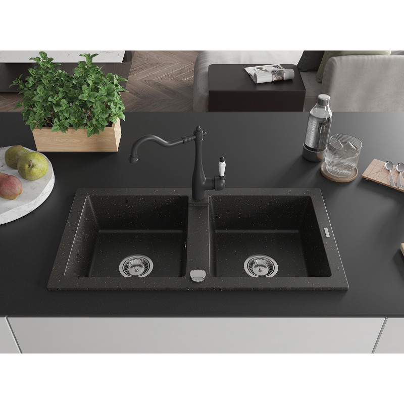 Mexen Mario 2-compartment granite sink with Carla kitchen faucet, black/gold metallic - 6504-75-670700-70
