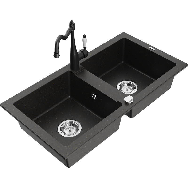 Mexen Mario 2-bowl granite sink with Carla kitchen tap, black/gold metallic - 6504-75-670700-70