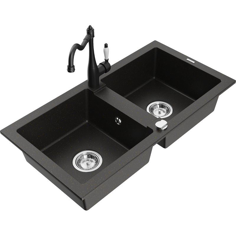 Mexen Mario 2-compartment granite sink with Carla kitchen faucet, black/gold metallic - 6504-75-670700-70