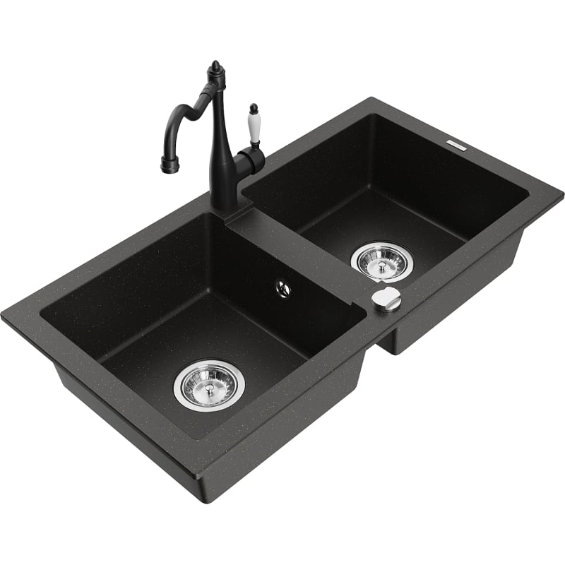 Mexen Mario granite sink 2-chamber with kitchen faucet Carla, black/gold metallic - 6504-75-670700-70