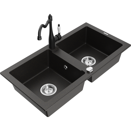 Mexen Mario 2-compartment granite sink with Carla kitchen faucet, black/gold metallic - 6504-75-670700-70