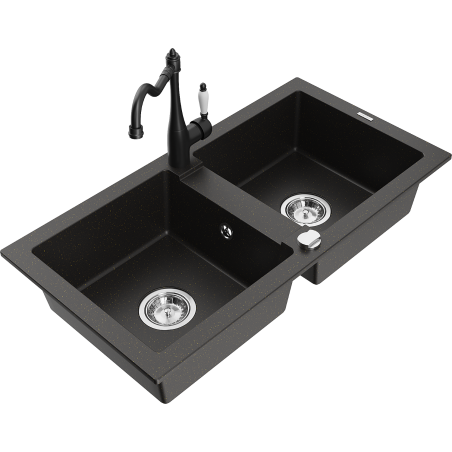 Mexen Mario granite sink 2-chamber with kitchen faucet Carla, black/gold metallic - 6504-75-670700-70
